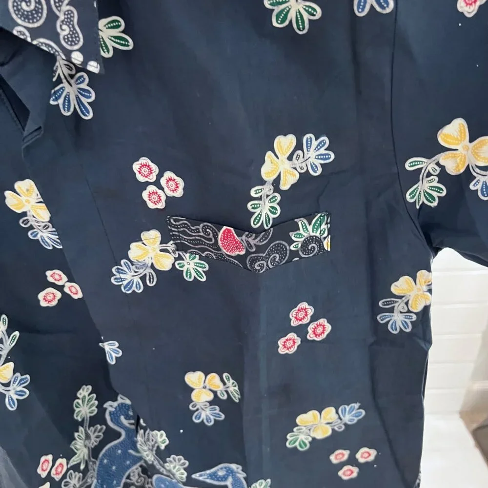 RARE Hadipriyanto Batik Deer Floral Prints Short Sleeve Button Down Shirt - Picture 3 of 4